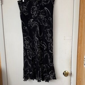 Chico's Black and White Floral Asymmetrical Silk Flutter Maxi Skirt